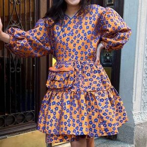 KkCo Koi Pond Utility Wrap Dress Asian Floral Flare Bubble Puff Sleeve